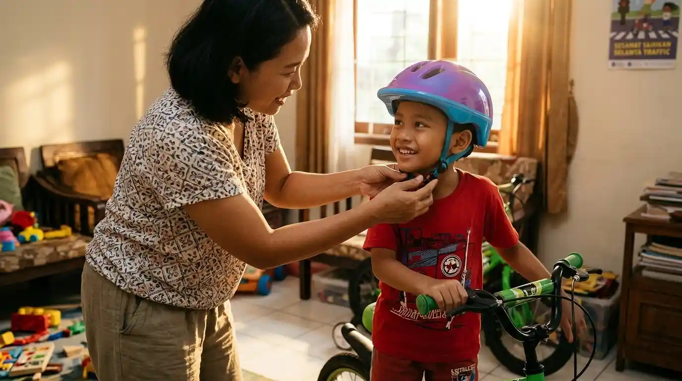 Seorang ibu membantu anak memakai helm sepeda.