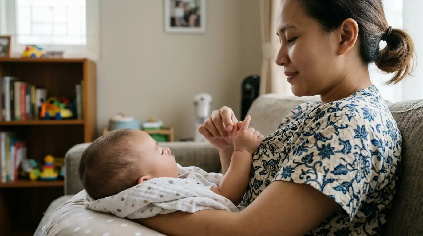 Ibu menggendong bayi dekat tubuhnya; tangan bayi menyentuh tangan ibu.