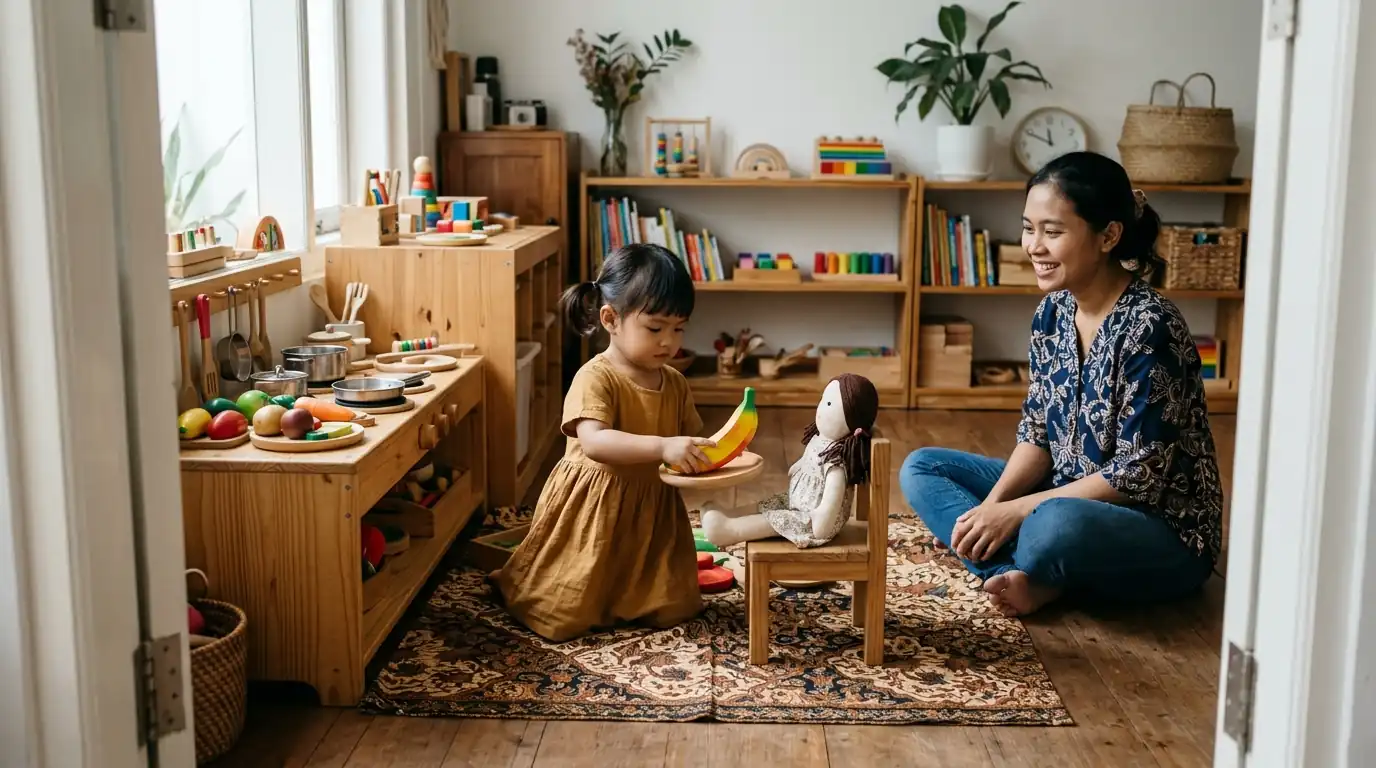 Orang dewasa menemani anak bermain di lantai.