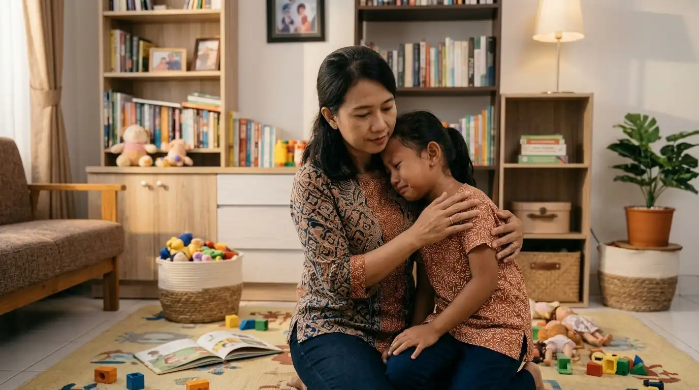 Orang tua memeluk anak di ruang keluarga.
