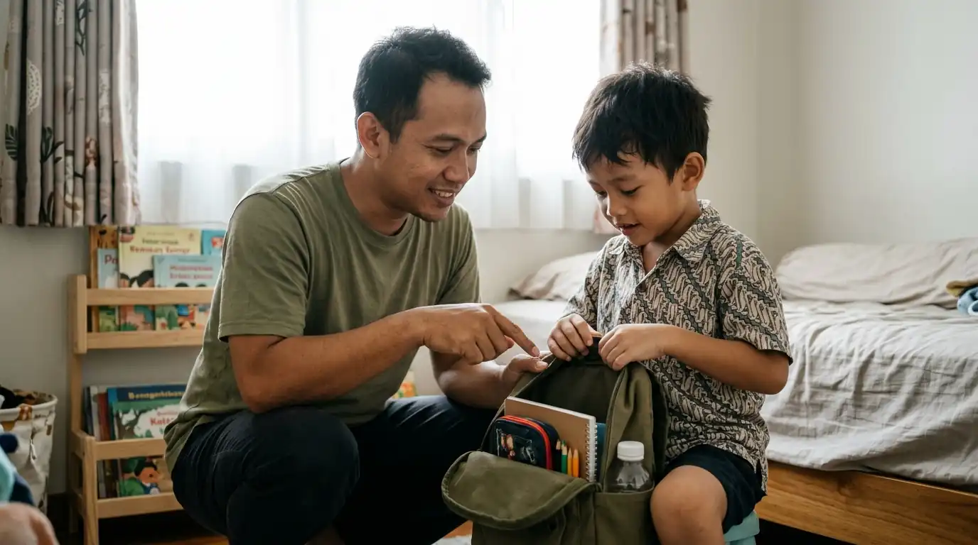 Seorang ayah menemani anak membaca atau mengerjakan aktivitas di meja.
