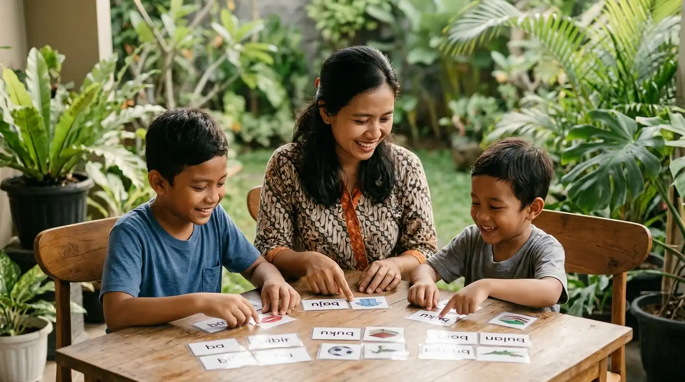 Dua anak duduk bersama melakukan kegiatan belajar atau menggambar.