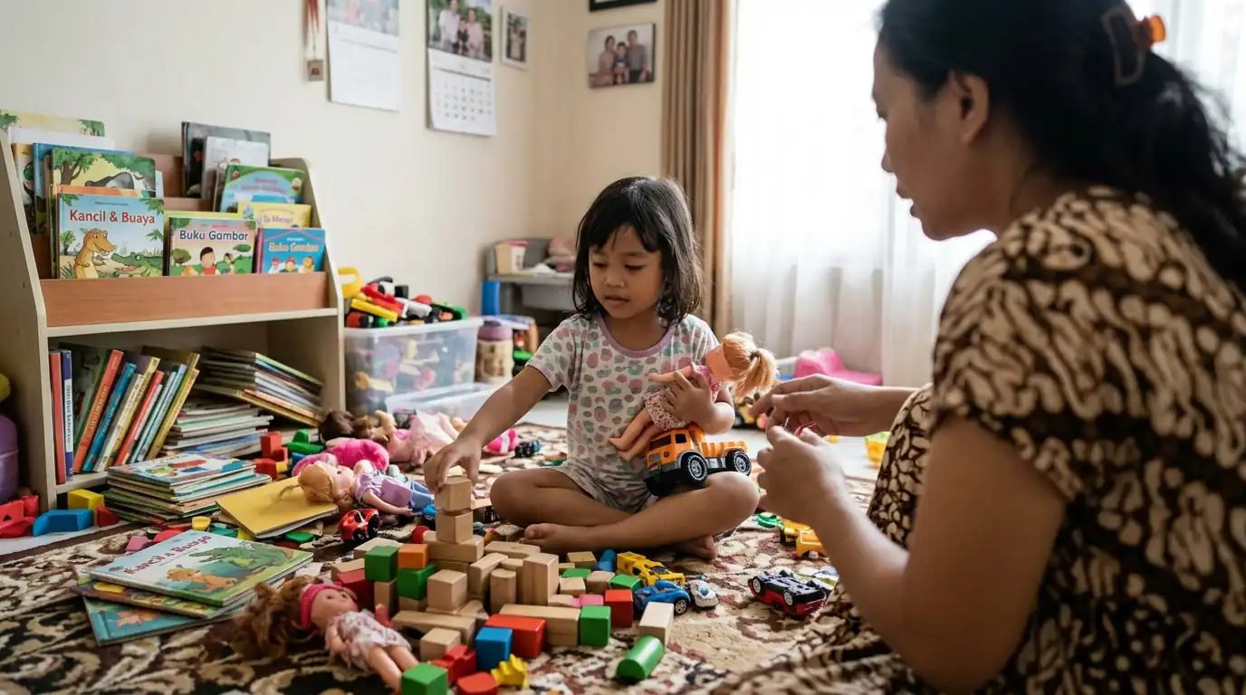 Orang tua duduk bersama anak saat bermain dan mengeksplorasi mainan di rumah.