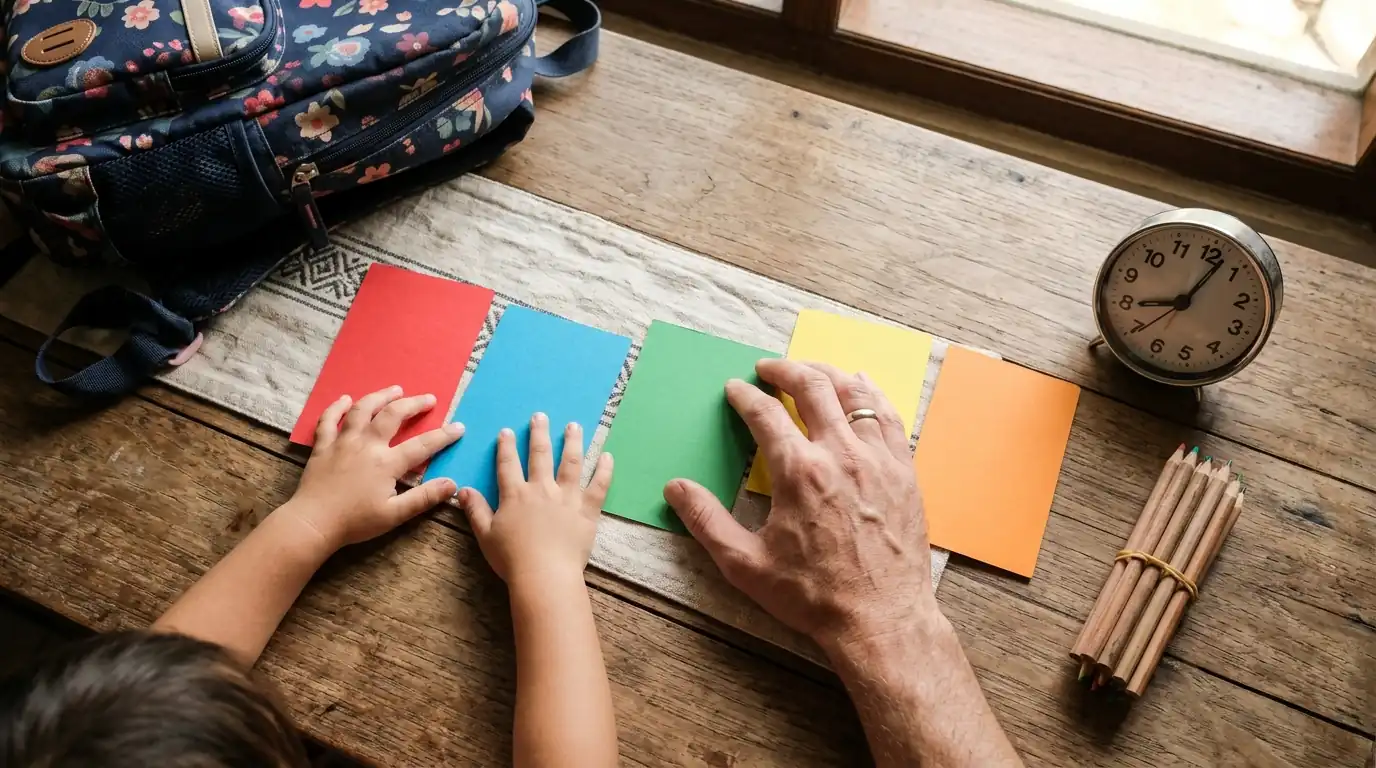 Tangan orang dewasa dan anak mengatur kartu warna di meja.