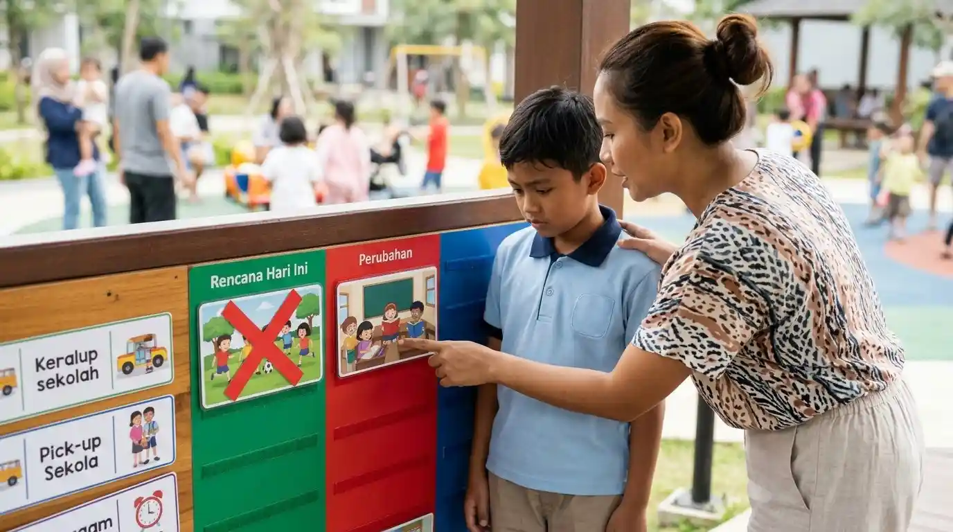 Seorang ibu dan anak membahas perubahan jadwal sekolah menggunakan lembar informasi.