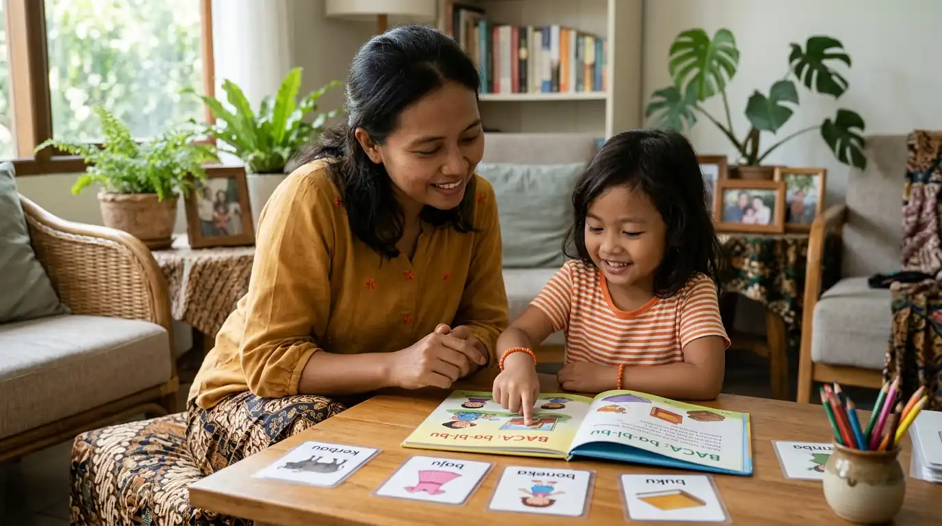 Seorang ibu duduk dekat anak perempuan kecil sambil melakukan aktivitas bersama.