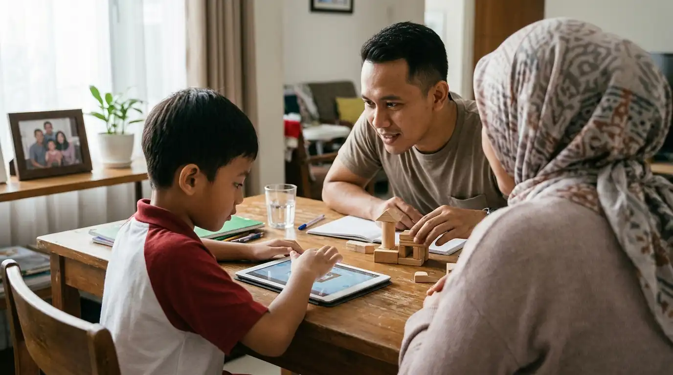 Orang tua berbicara bersama anak sambil duduk di meja.