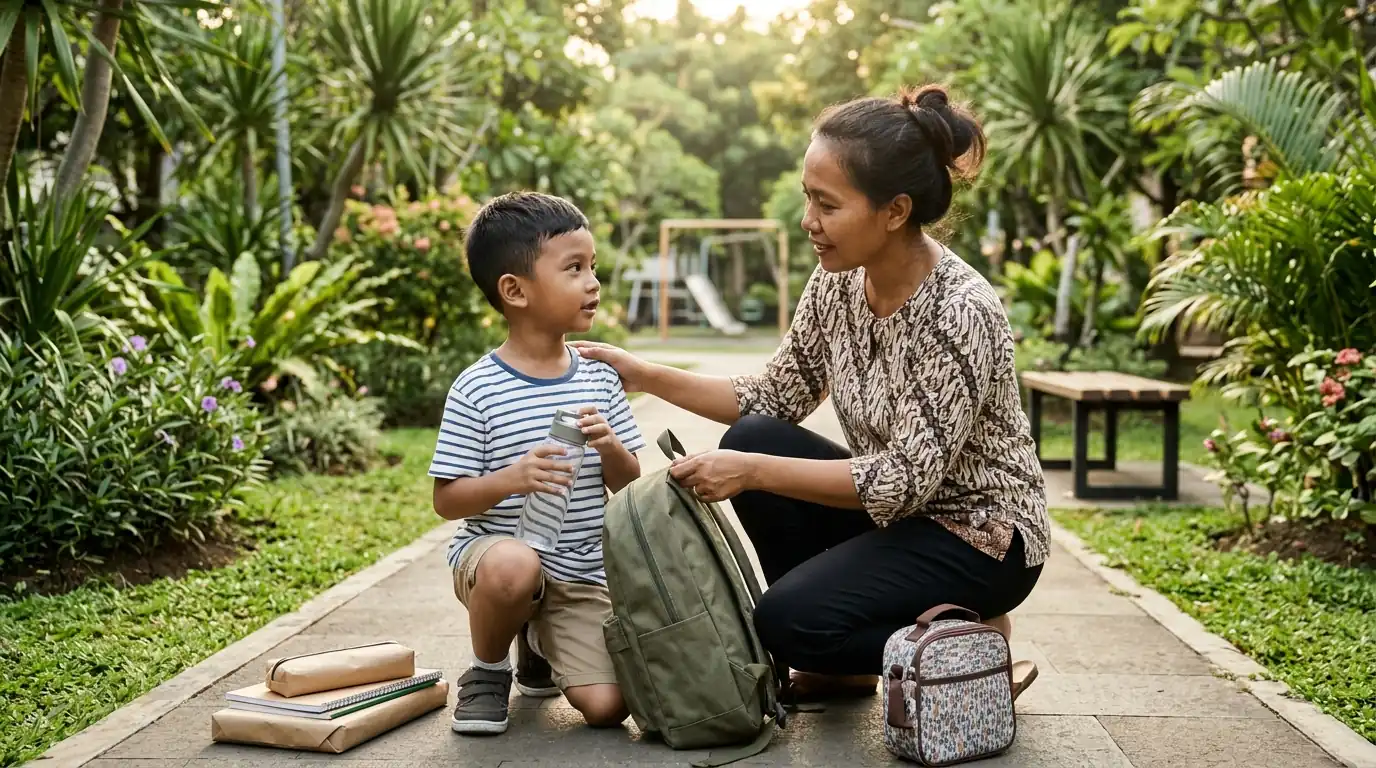 Seorang ibu mendampingi anak bermain atau berbicara di luar rumah.