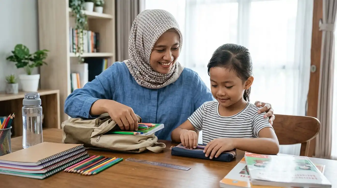 Seorang ibu dan anak duduk bersama melihat buku di meja rumah.