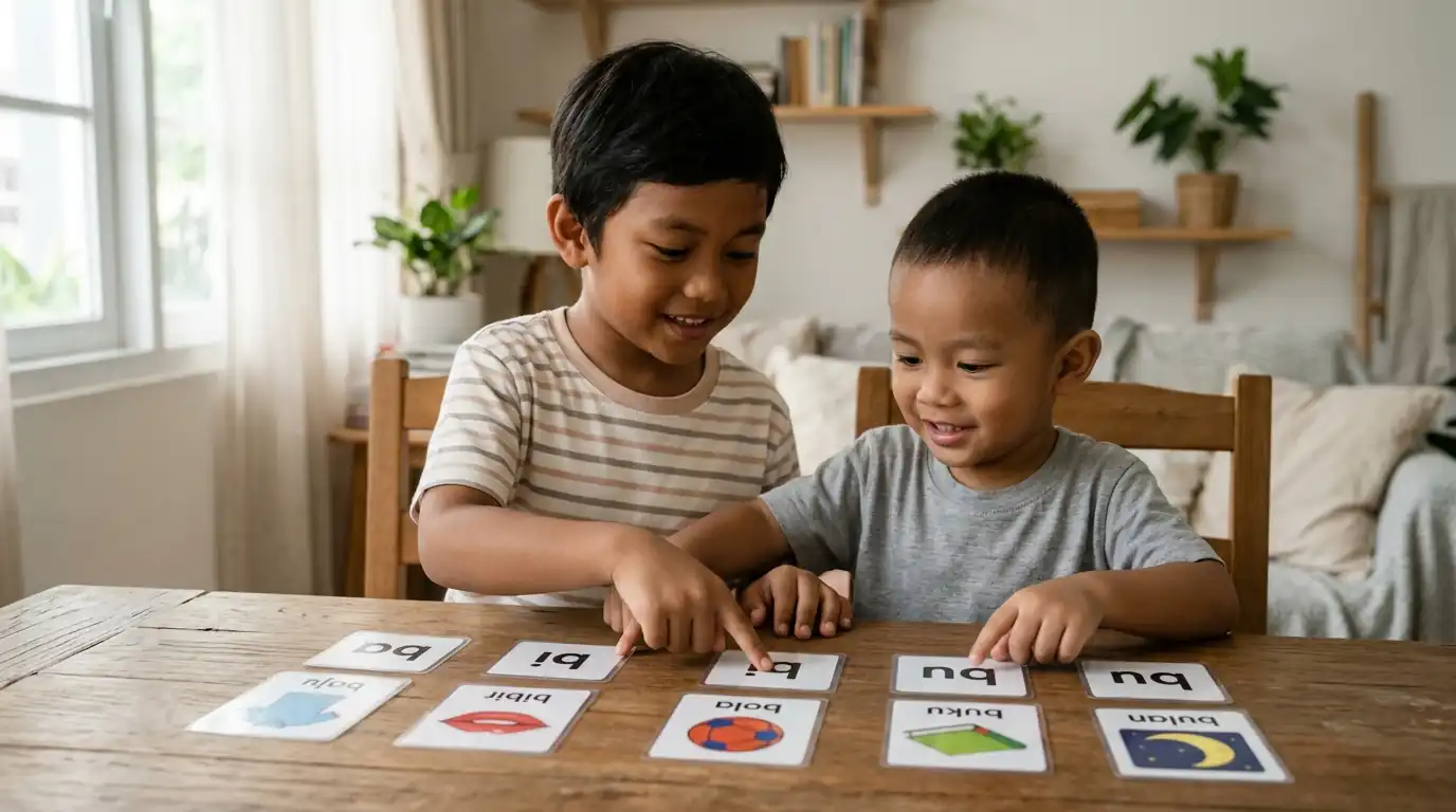 Dua anak melakukan kegiatan gambar atau belajar bersama orang dewasa di meja.