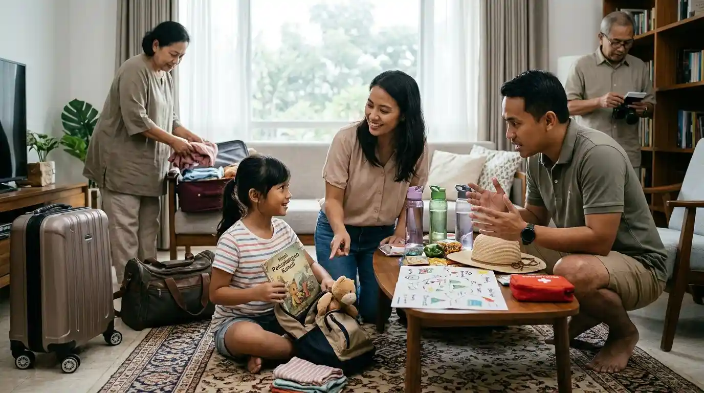 Keluarga menyiapkan barang dan perlengkapan untuk liburan bersama.