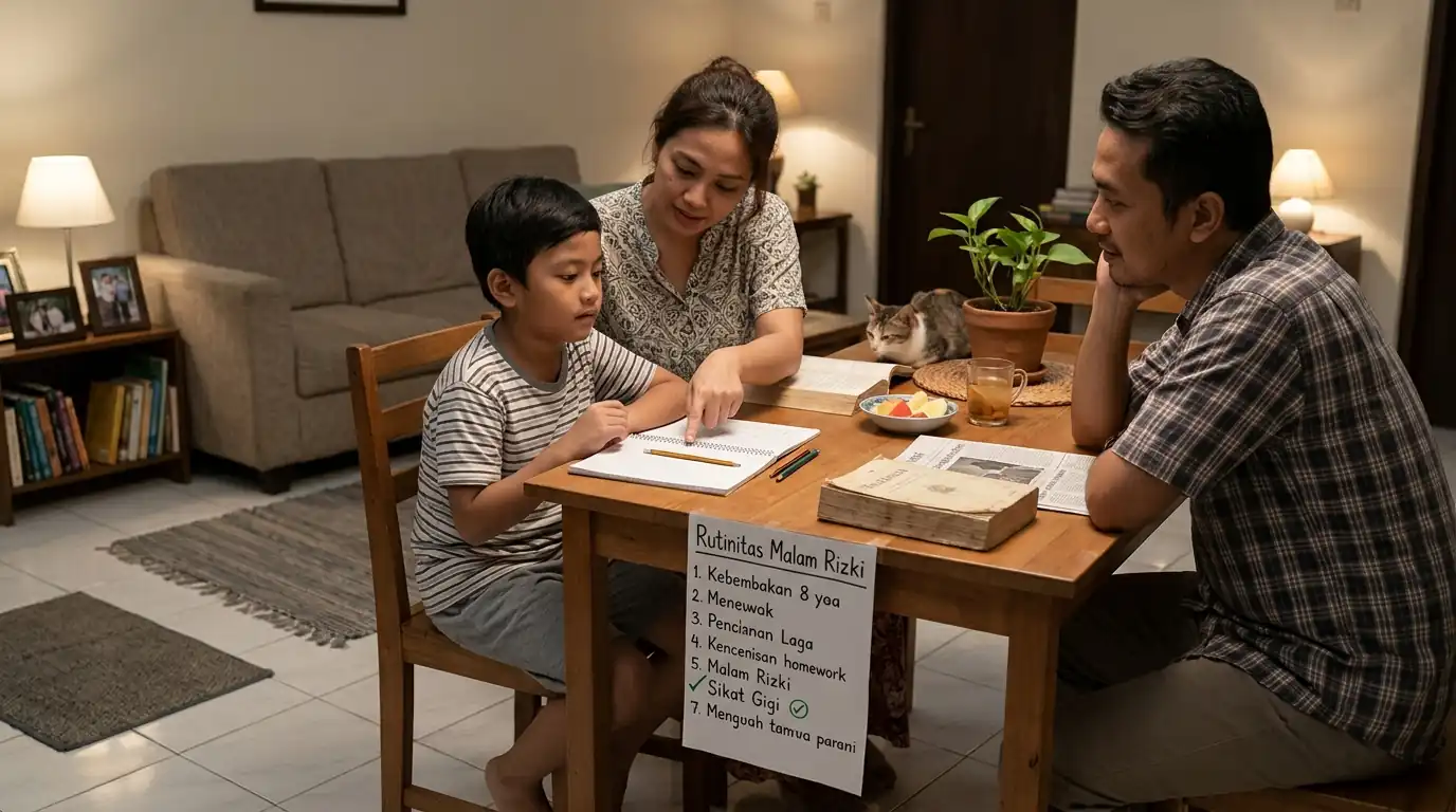 Orang dewasa dan anak memeriksa catatan bersama di meja.