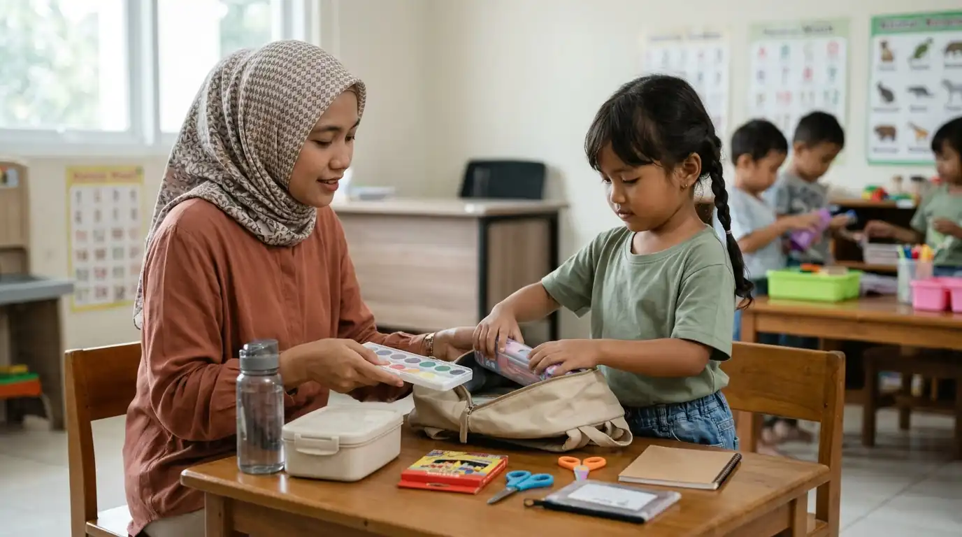 Seorang ibu membantu anak memasukkan perlengkapan ke tas sekolah.