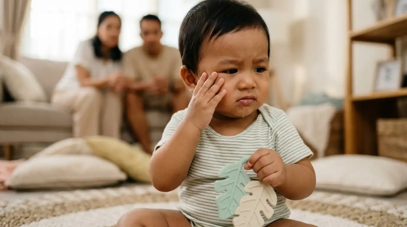 Bayi berada dalam dekapan pengasuh sambil menyentuh wajah.