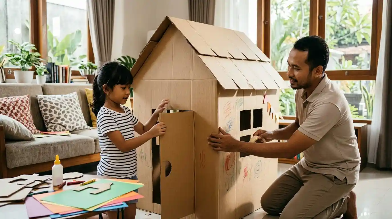Seorang ayah dan anak membuat rumah-rumahan dari kardus.