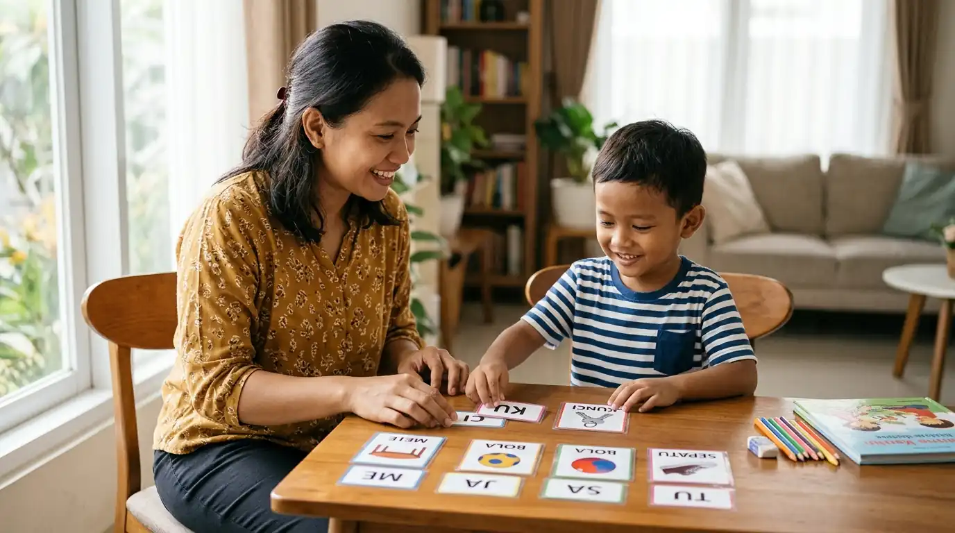 Seorang perempuan dewasa membaca bersama anak laki-laki di dekat rak buku.
