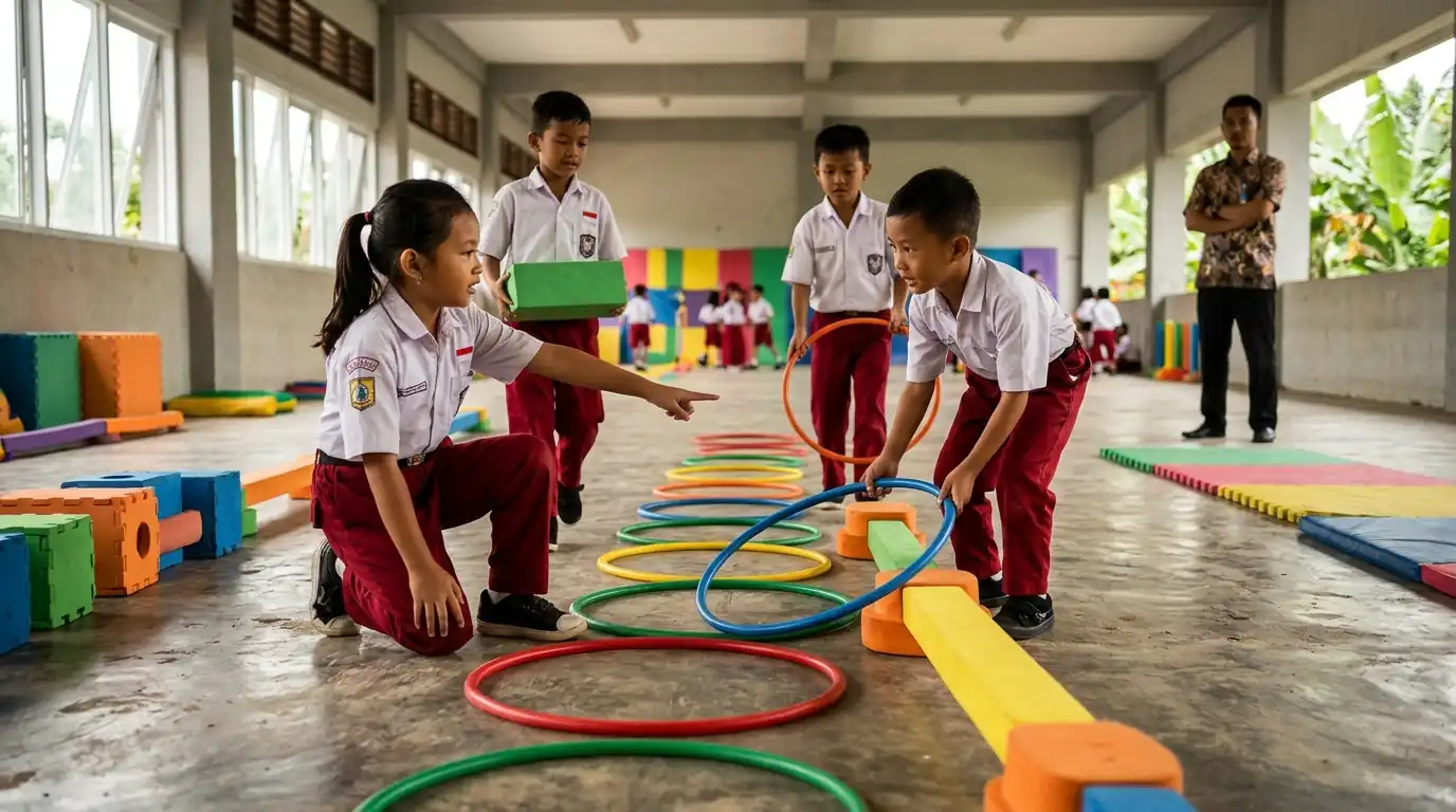 Anak-anak berseragam mengikuti aktivitas gerak di area sekolah.