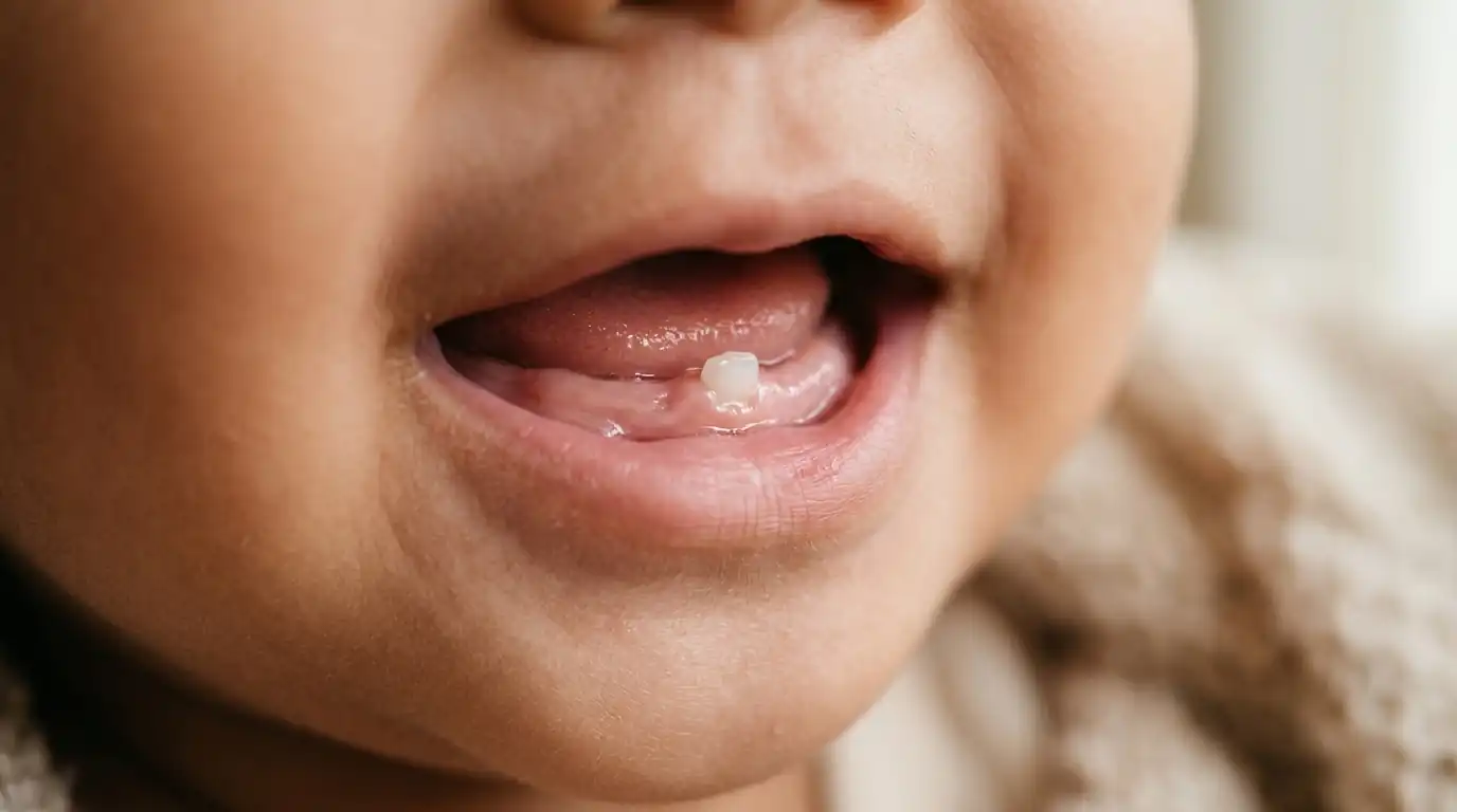 Close-up mulut bayi yang memperlihatkan gusi dan gigi susu.