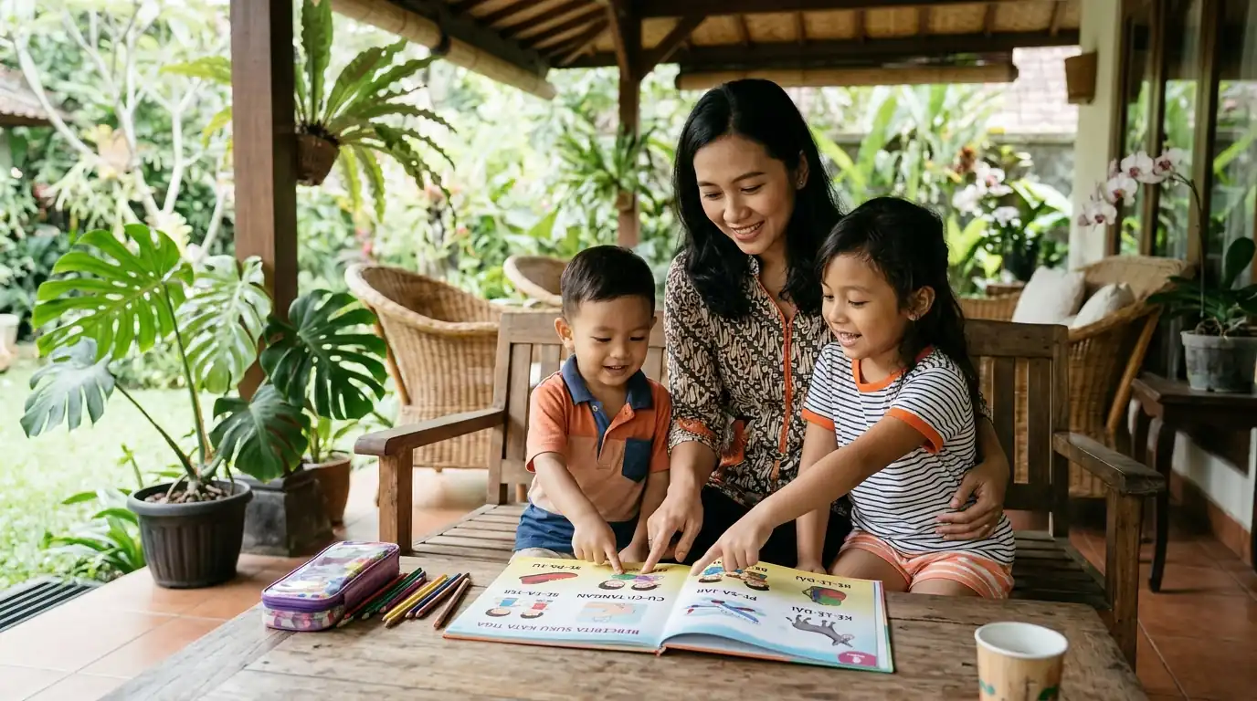 Seorang ibu membaca bersama dua anak perempuan di meja luar rumah.