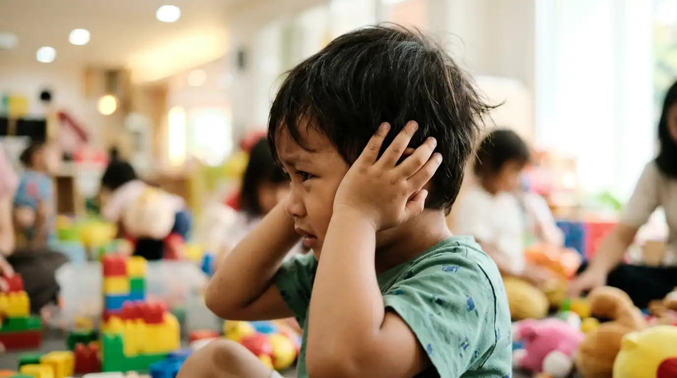 Anak menutup kedua telinga di ruang bermain yang ramai.
