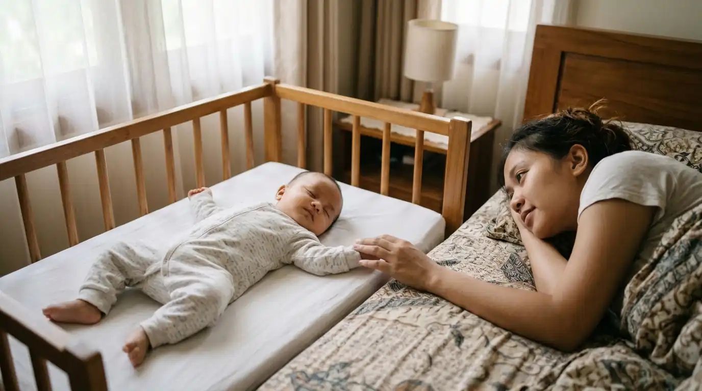 Ibu memperhatikan bayi yang berbaring di dalam boks tidur.
