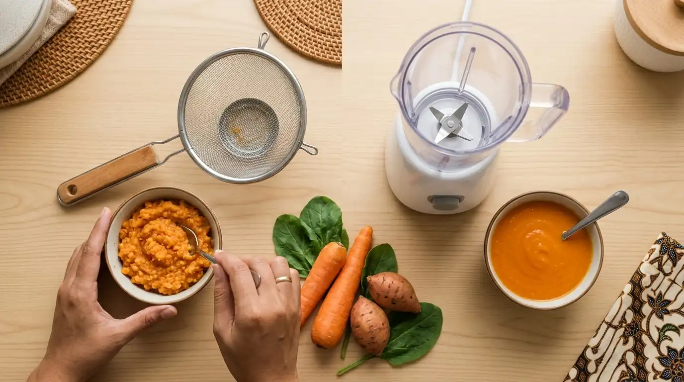 Blender, saringan, sayuran, dan mangkuk makanan tersusun di meja dapur.