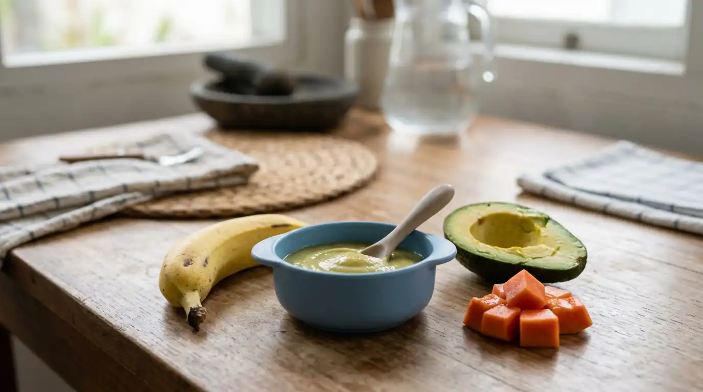 Puree buah tersaji dalam mangkuk dengan pisang, alpukat, dan wortel di sampingnya.