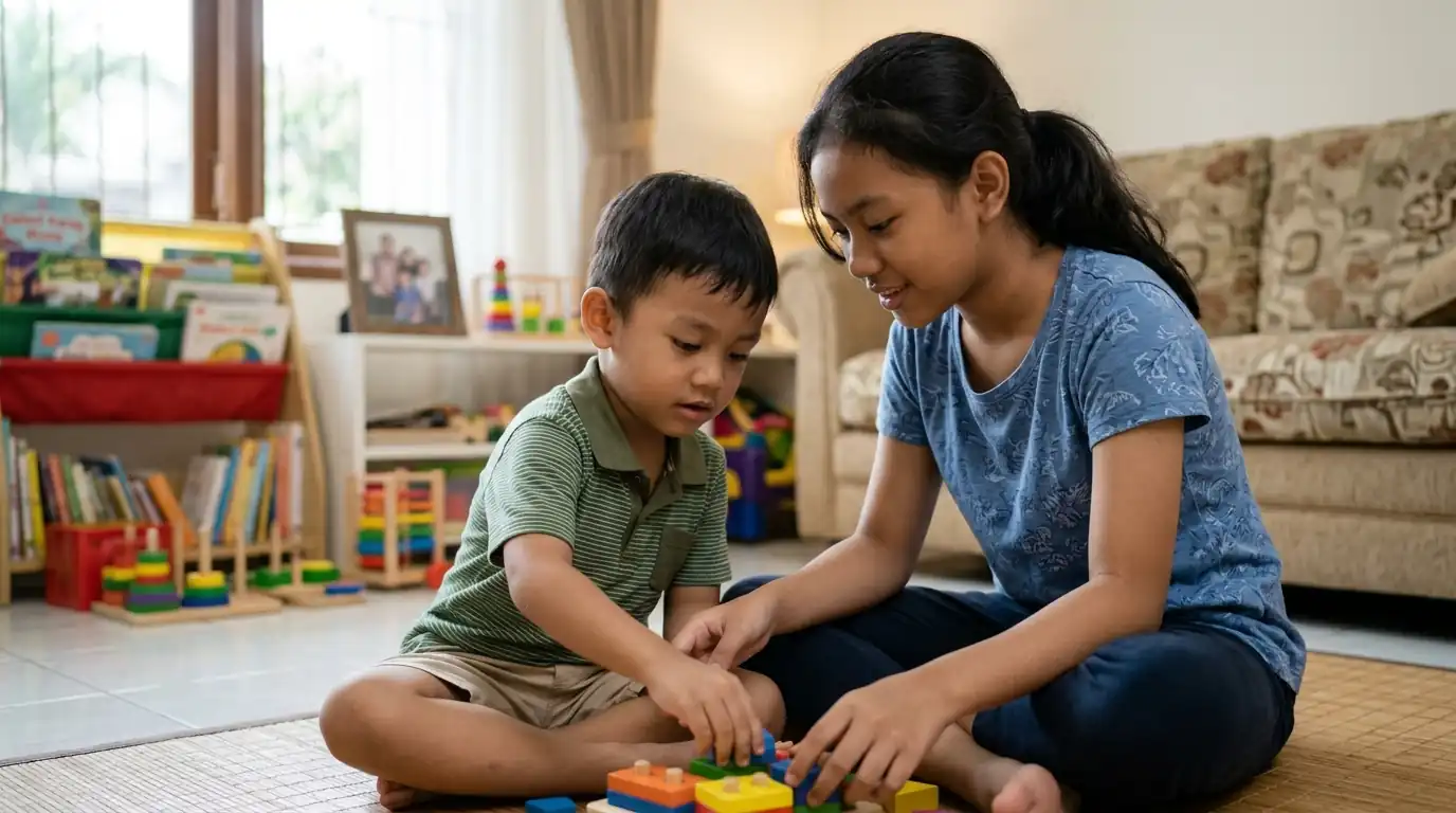 Ibu menemani anak menyelesaikan kegiatan bersama di rumah sebagai bentuk dukungan saat menghadapi perubahan.