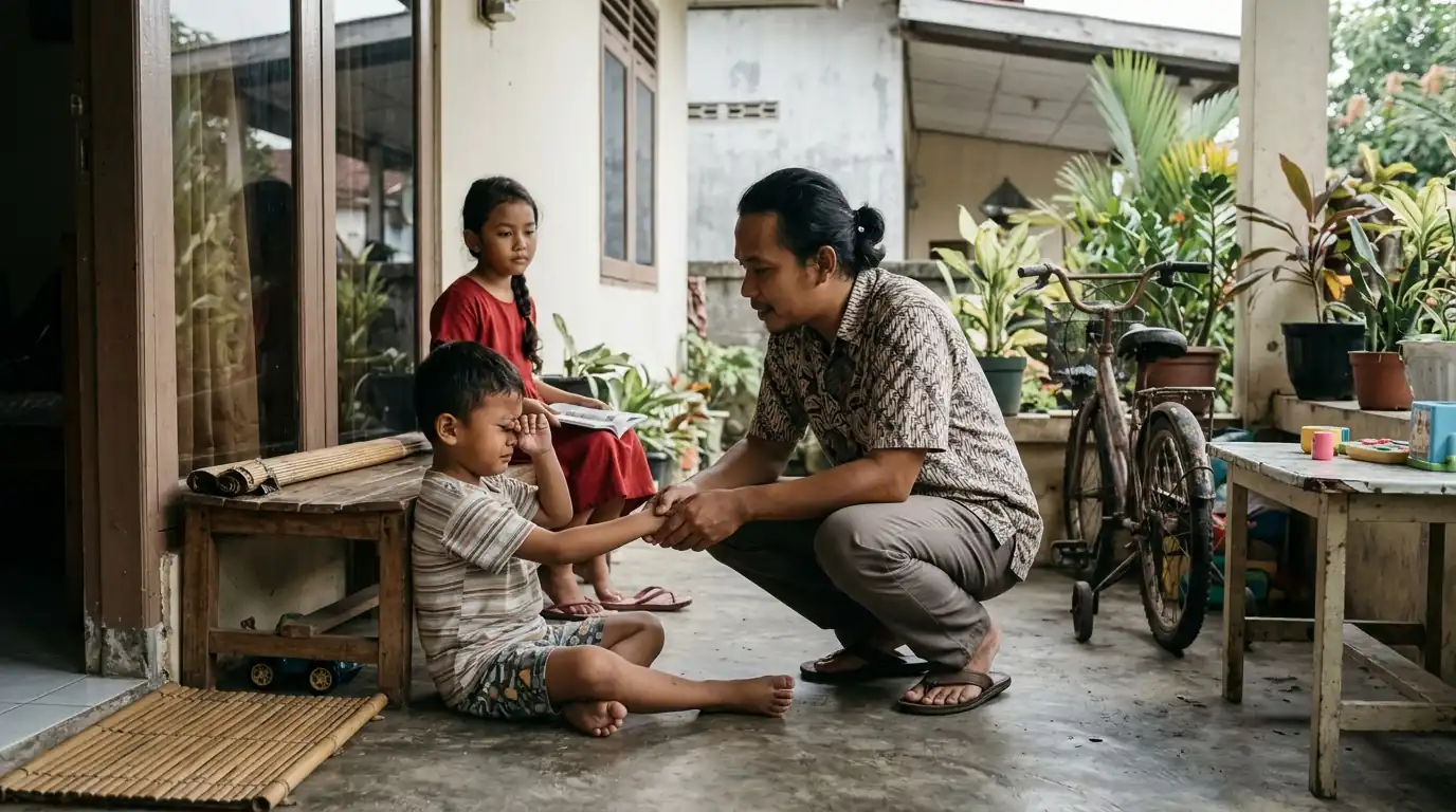Dua orang dewasa dan anak berdiskusi di ruang keluarga.