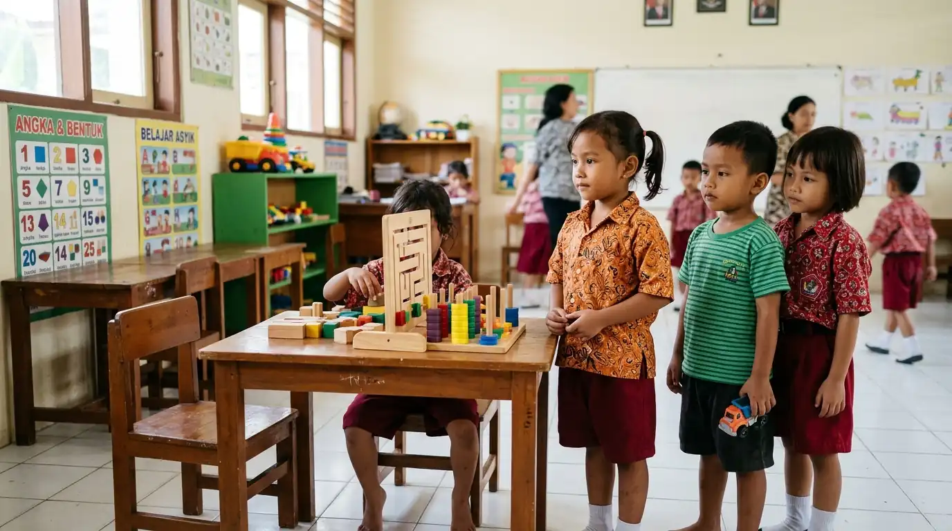 Beberapa anak berdiri bersama di ruang kelas yang penuh bahan belajar.