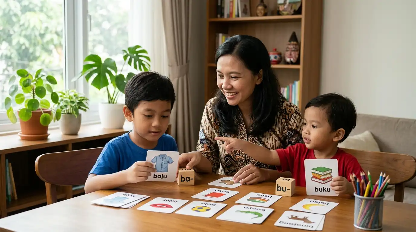 Seorang ayah mendampingi anak melakukan kegiatan belajar di meja.