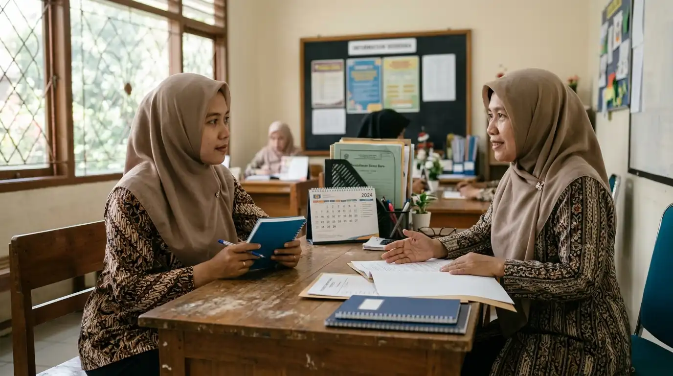 Dua orang dewasa berdiskusi di ruang sekolah dengan dokumen di meja.