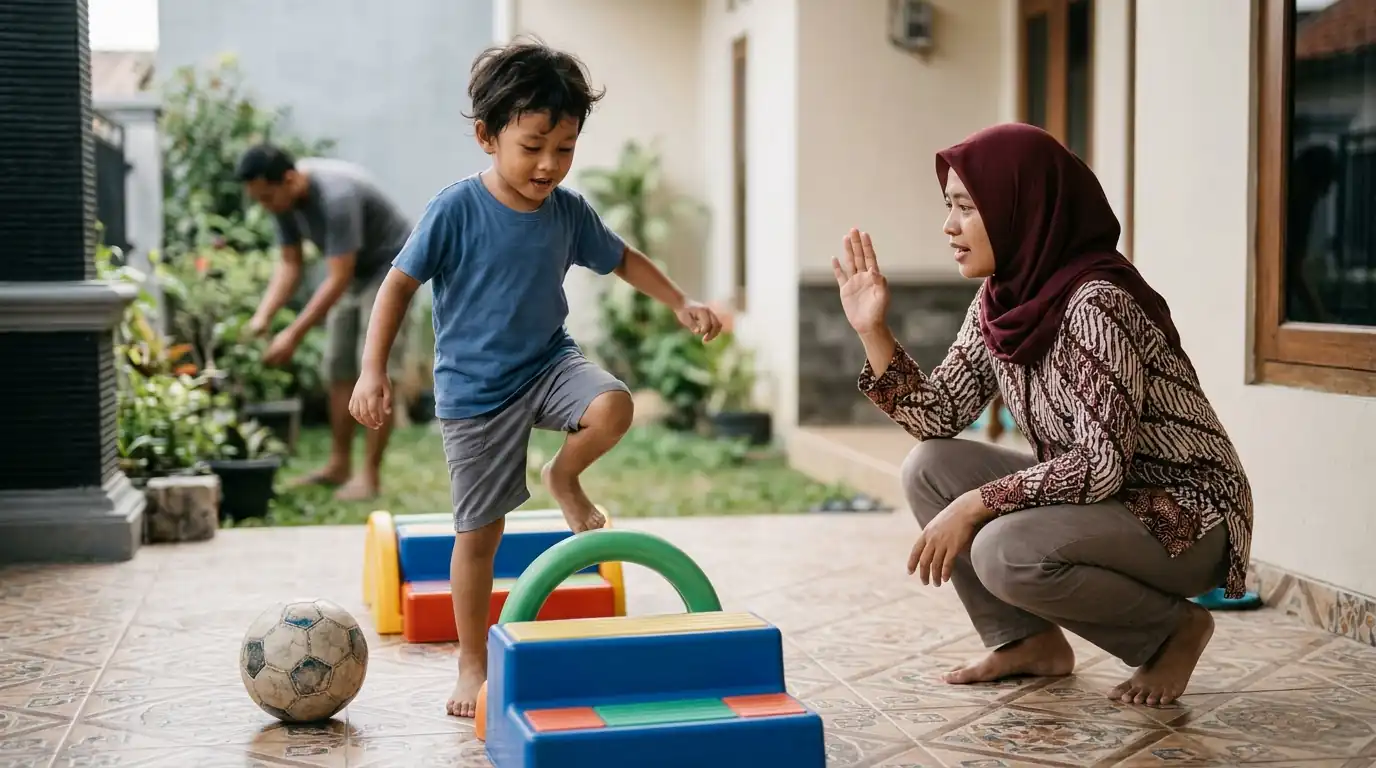 Anak aktif bermain di luar rumah dengan pendampingan orang tua.
