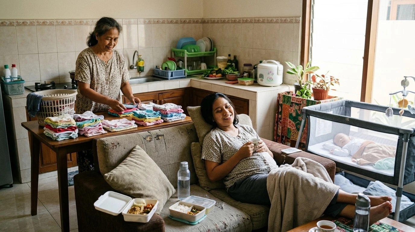 Seorang ibu beristirahat di sofa sementara anggota keluarga berada di dekatnya.