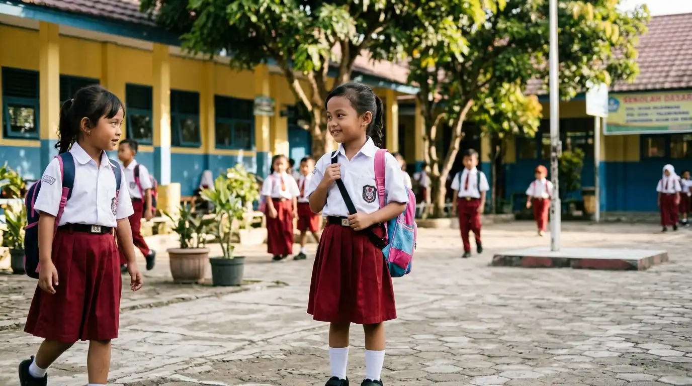 Dua murid berbicara di halaman sekolah.