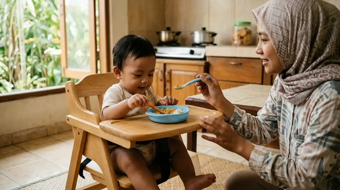 Seorang pengasuh menyuapi anak kecil saat waktu makan.