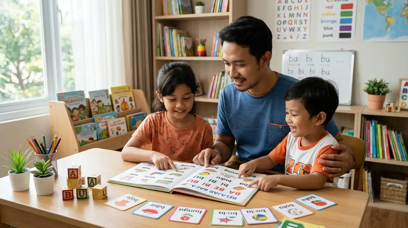 Satu keluarga duduk bersama anak-anak di meja melakukan aktivitas belajar.